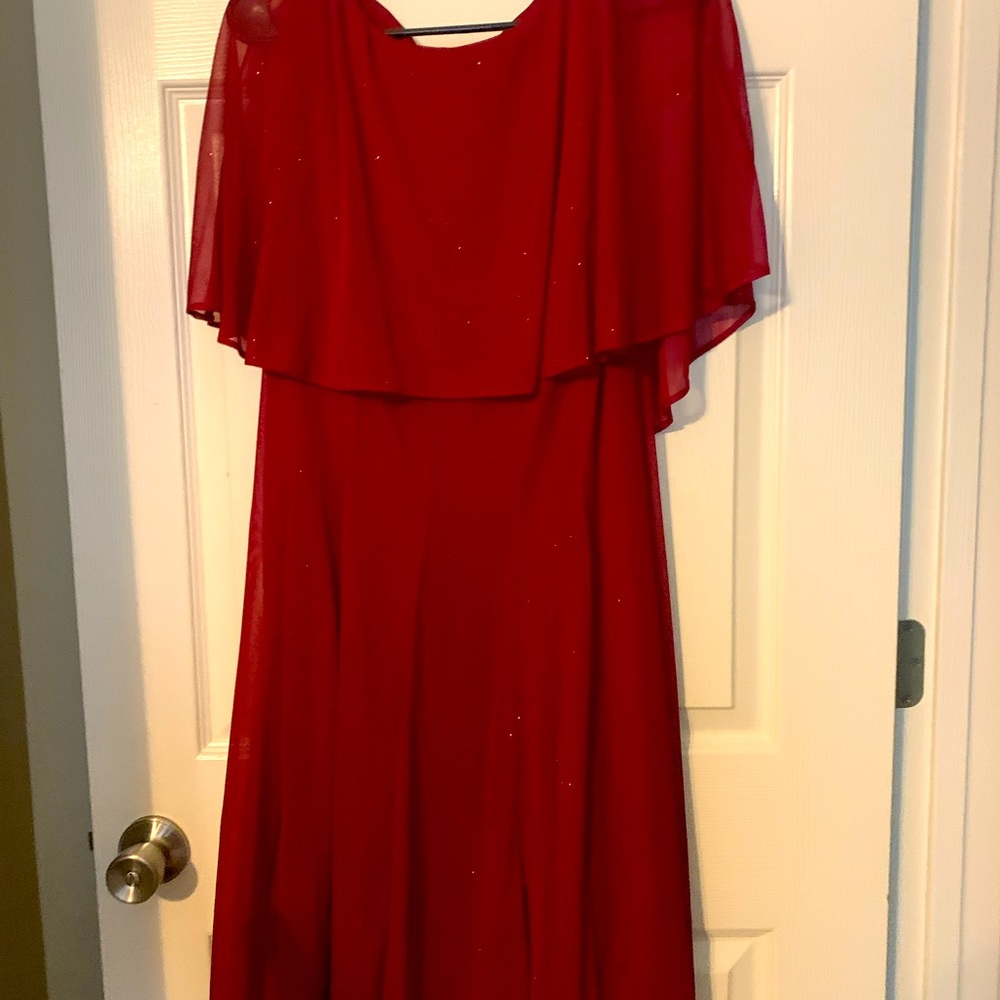 Red mid-length dress.